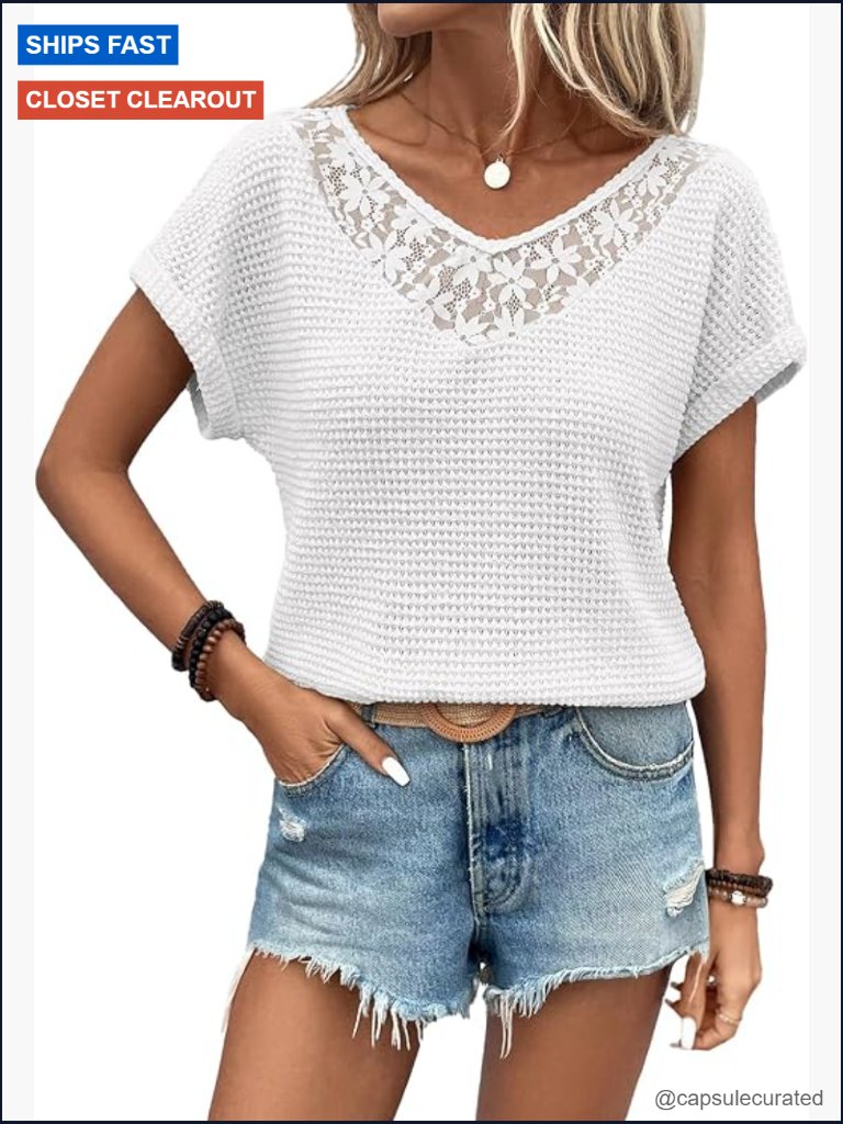 Waffle Knit Lace Trim V Neck Short Sleeve Blouse